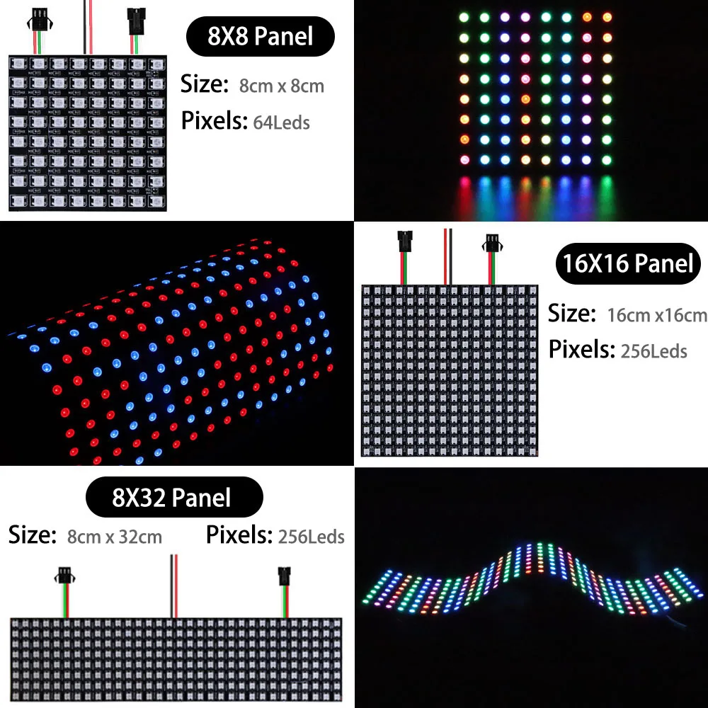 WS2812 RGB LED Digital Panel Flexible Individually Addressable Light Strip WS2812B Module Matrix Screen 8x8 16x16 8x32 1-5Pcs 5V