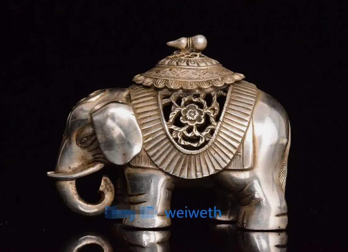 

Коллекционная старинная тибетская Серебряная ручная резная статуя слона курильница 3658