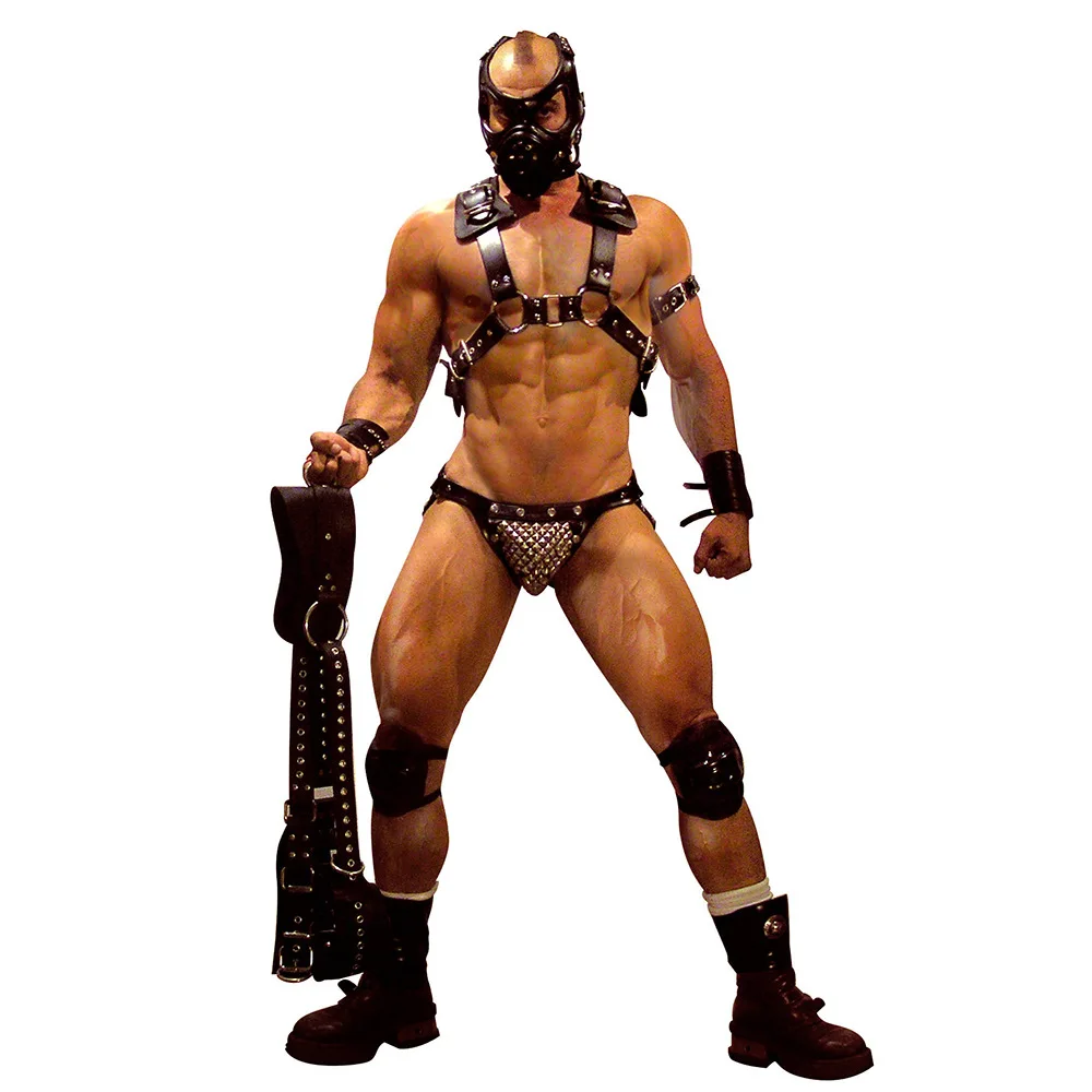 Sexy Men Faux Leather Adjustable Body Chest Harness Bondage Costume with Shoulder Armors Buckles Tights Zentai Top