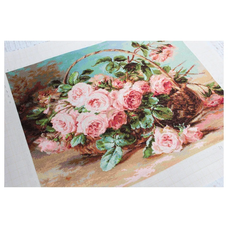 

Набор для вышивки крестом Amishop, корзина с розами, розовые цветы, вышивка, сделай сам, рукоделие, Luca-S B547