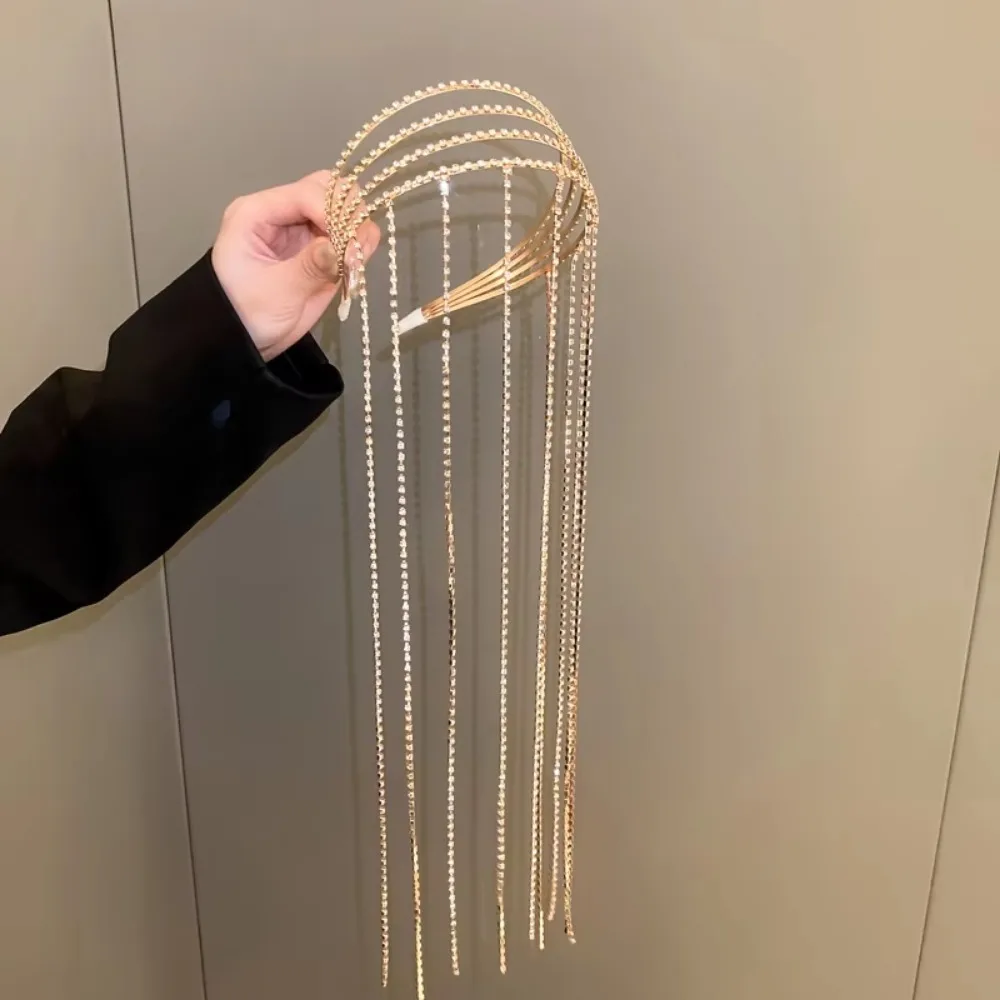 

Exaggerated Design Rhinestones Tassel Headband Luxury Silver/Gold Crystal Hair Chain Full Rhinestone Headpiece