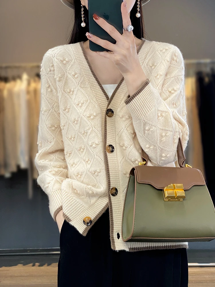 Women\'s Cardigan 100% Merino Wool Sweater Solid Long-Sleeved Female Fall Winter V-Neck Knitted Jacket Loose Soft Oversize Coat