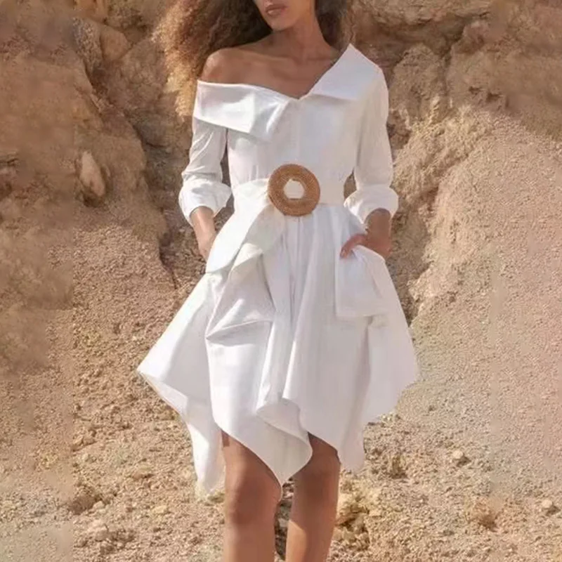 

French temperament long-sleeved shirt dress commuter style waist thin versatile short skirt fashion simple luxury = elegant high