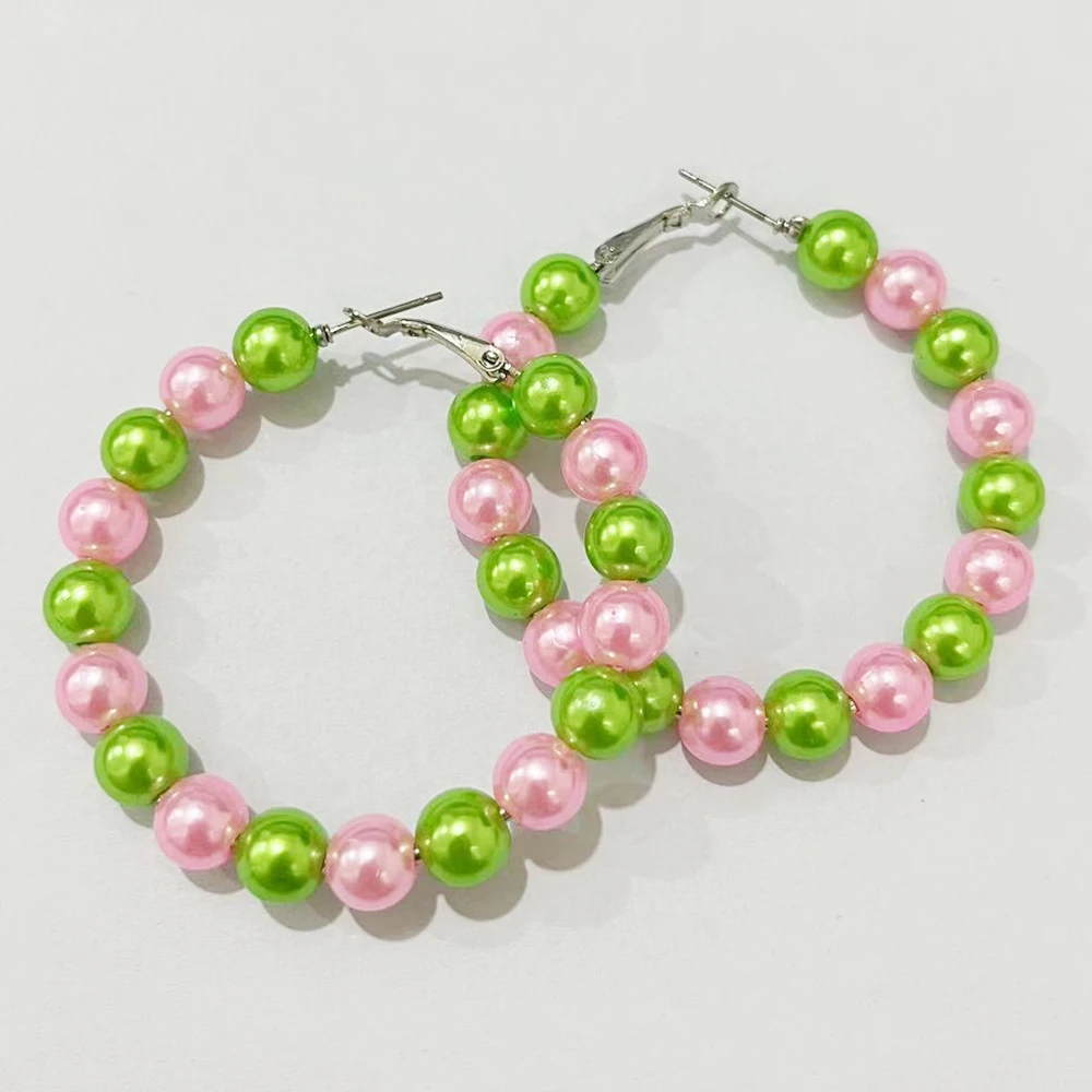 8mm Pink and Green Pearl Hoop AKA Women's Badge Sorority Earrings