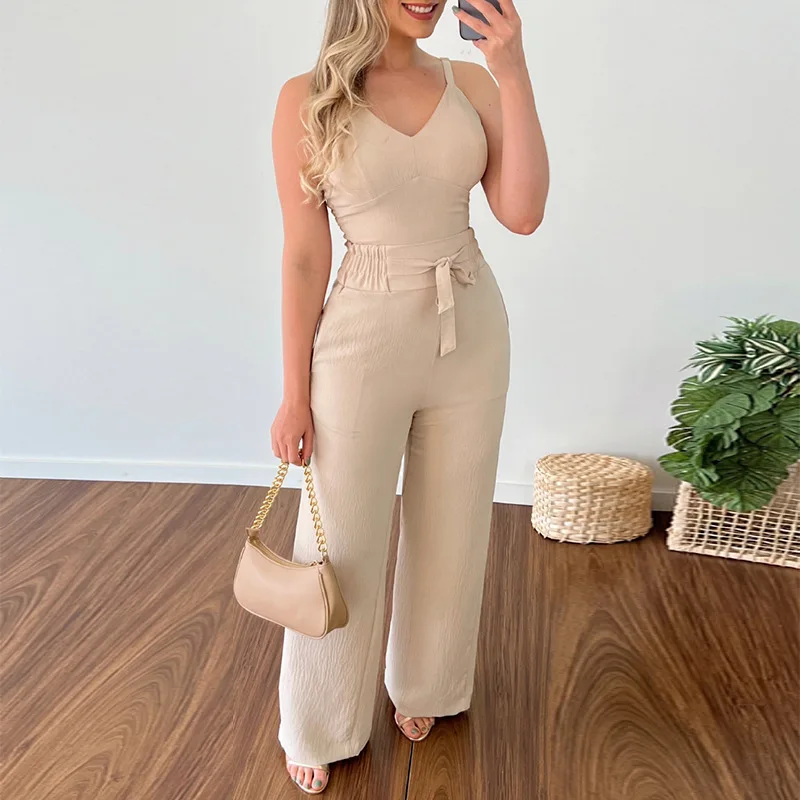 Two Piece Sets Womens Outifits Summer Fashion V Neck Sleeveless Crop Top & Casual Tether High Waist Patch Pocket Long Pants Set