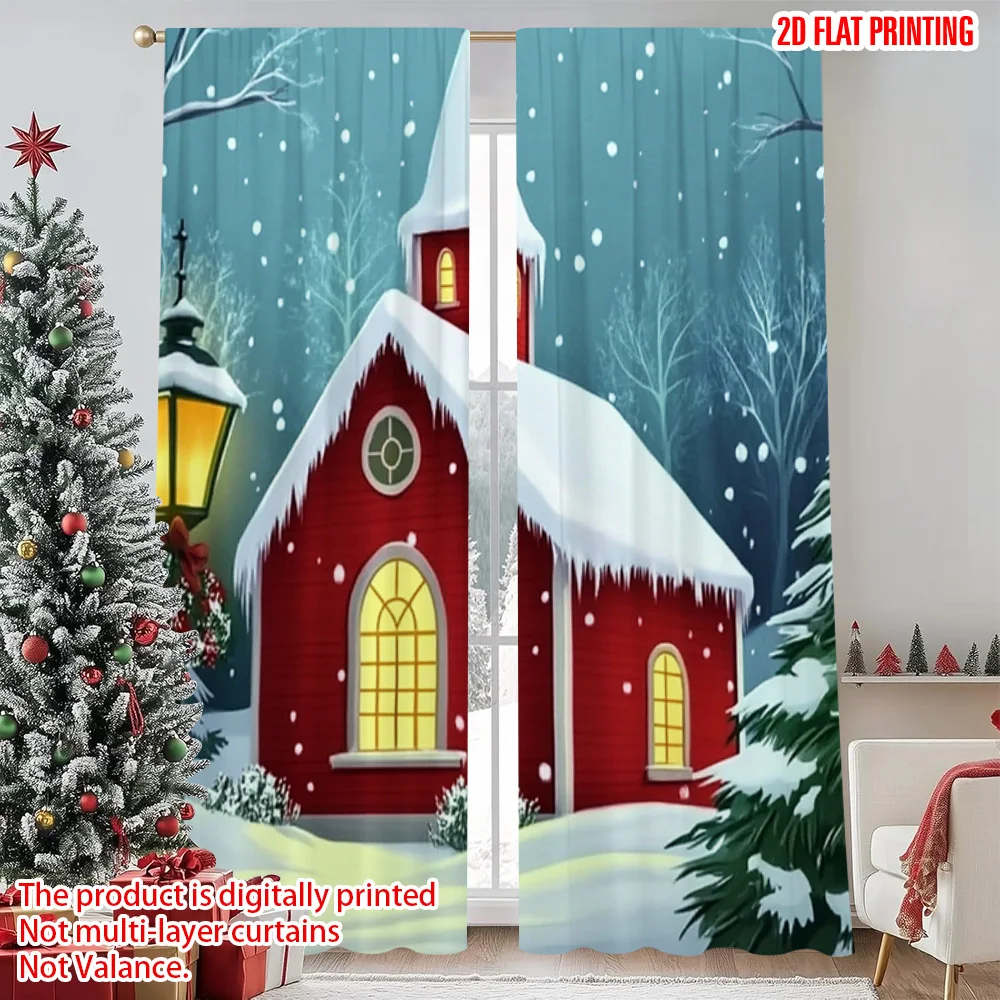 

2pcs 2D flat printing Merry Christmas Curtain Snow red lanterns and pine trees Versatile Polyester Fabric Without Electricity