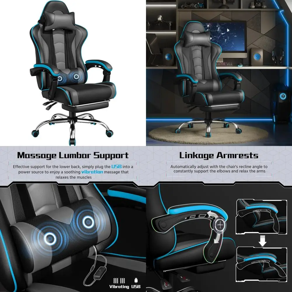 Ergonomic Video Game Chair with Massage Lumbar Support, Height Adjustable Footrest, and Comfort for Computer Gaming
