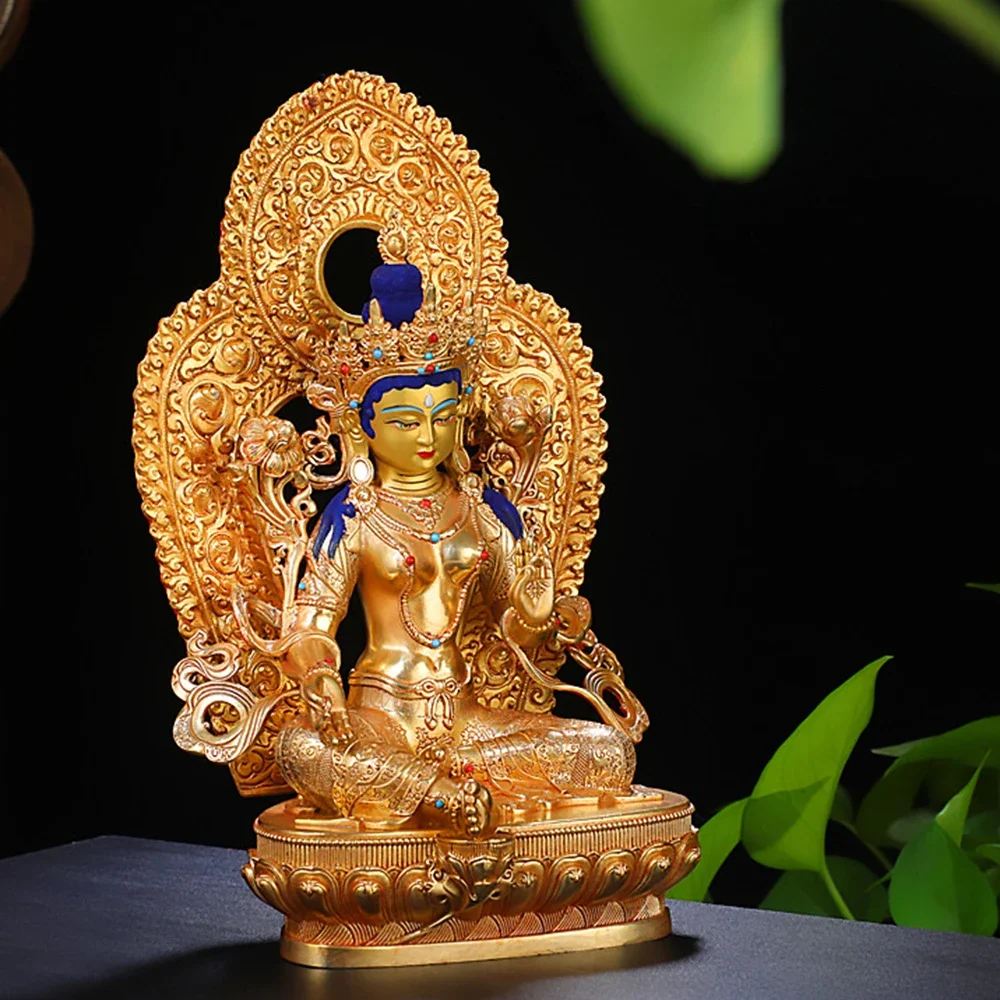 زخرفة تمثال بوذا تارا الأخضر المذهب بالنحاس، منحوتة أفالوكيتسفارا النحاسية، زخارف فنغ شوي الداخلية، ديكورات المنزل #2