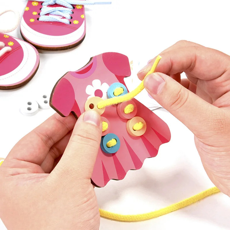 1Set Children's Fun Montessori Learn Basic Life Skills Teaching Aid Clothes Threading Button Sewing Board Game Educational Toys