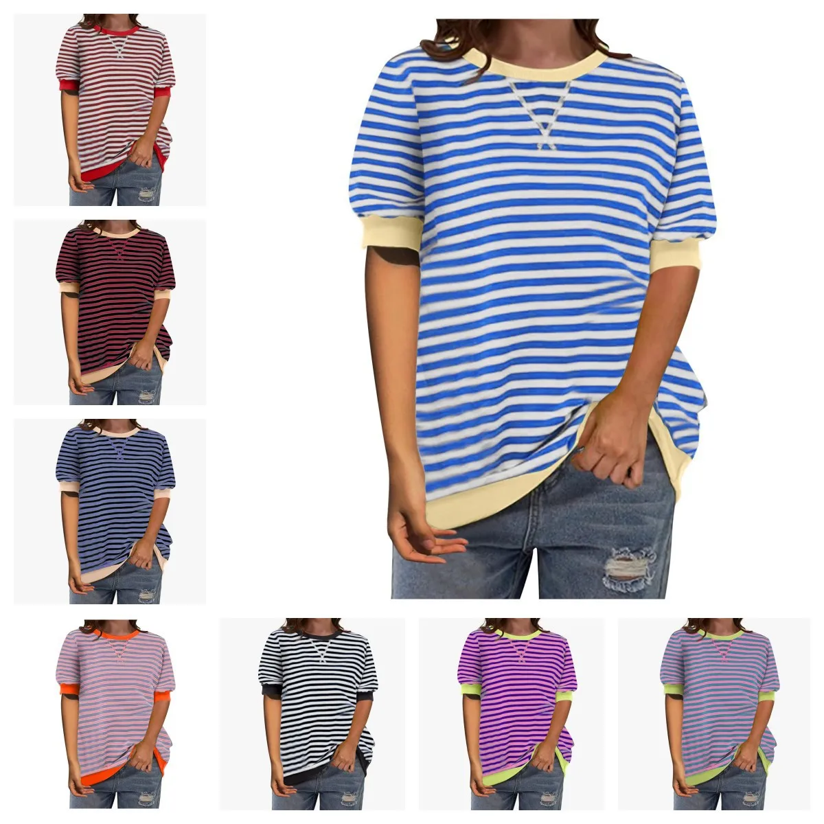 New summer women's clothing fashion temperament casual commuting striped color blocked cuffs short sleeved round neck T-shirt