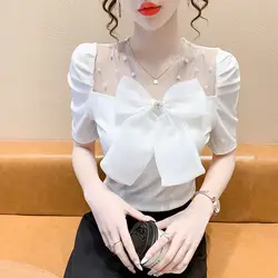 Sweet V-Neck Bow Spliced Gauze Beading Loose Shirt 2022 Summer New Chic Tops Oversized Elegant Female Clothing Commute Blouse