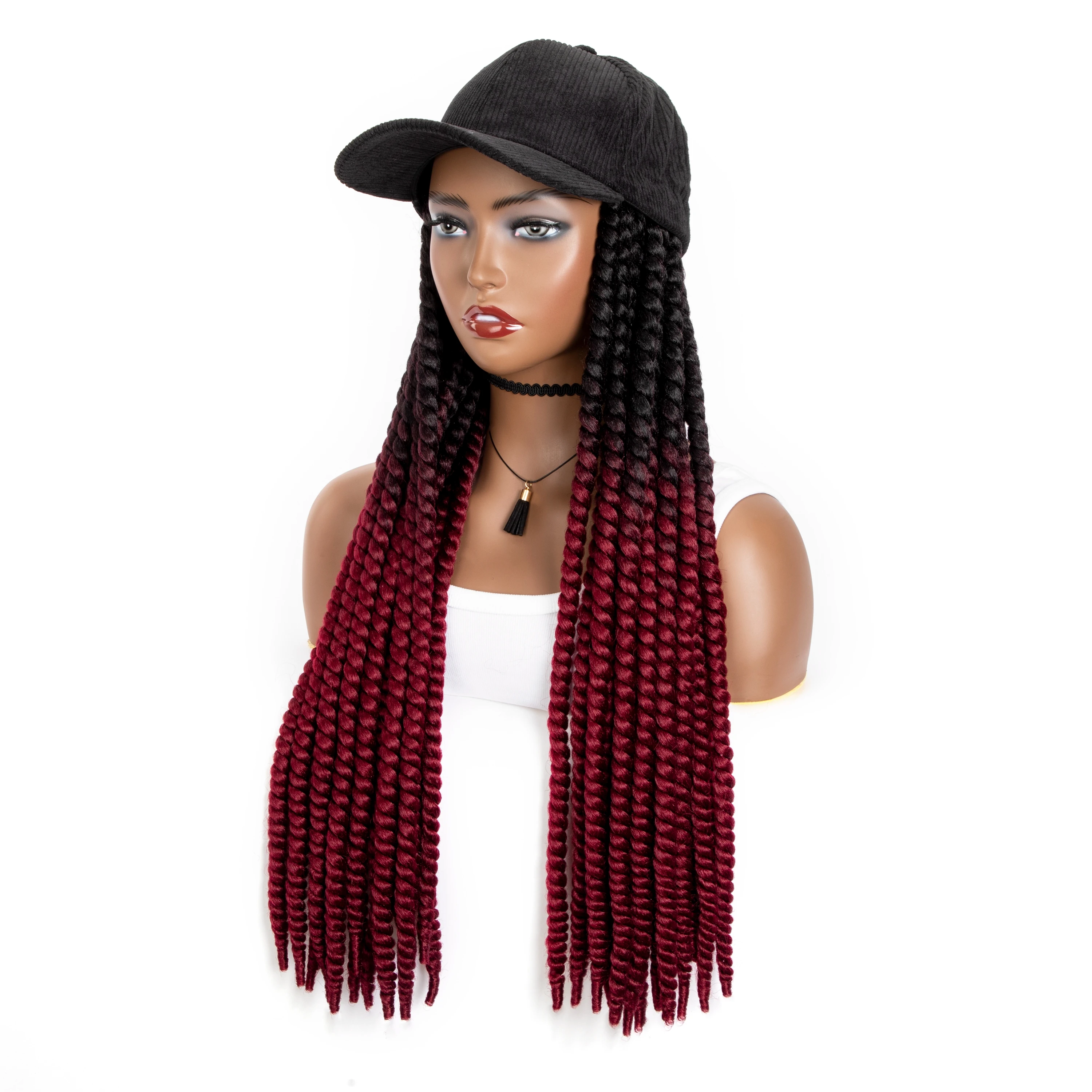 WIGERA Long 22Inch Burgundy Red Braided Synthetic With Black Baseball Cap Havana Mambo Twist Wig Hair Extensions Hat For Women