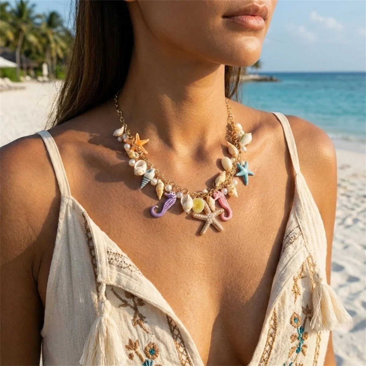 Sommerliche, extravagante, farbenfrohe Anhänger-Halskette mit Seestern, Muschel und Seepferdchen aus Kunstharz für Damen und Herren, Ozean- und Strandmotiv, Meerestier-Choker-Schmuck – Detail 5