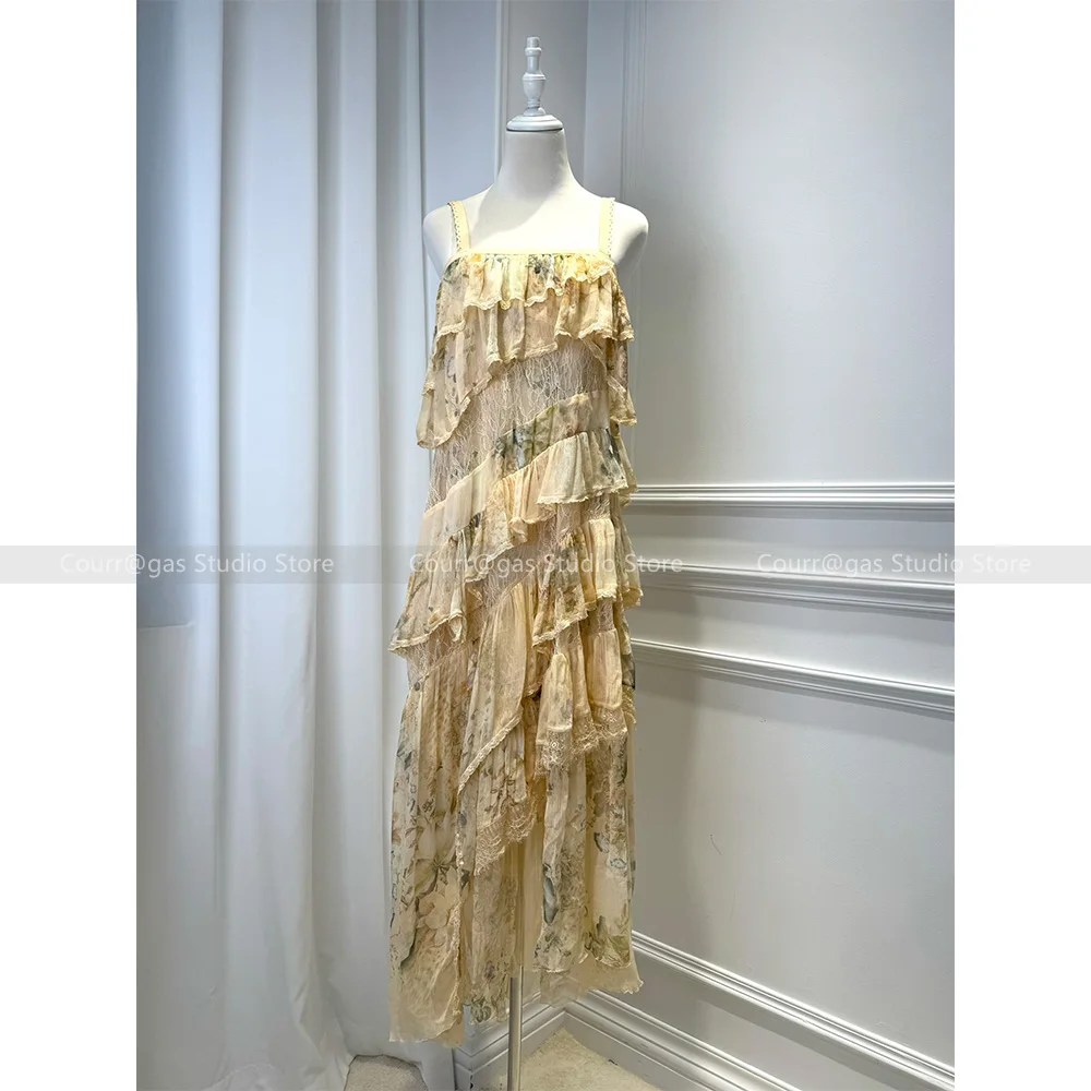 Australia niche noblewoman holiday style pale yellow sweet floral halter cake dress dresses