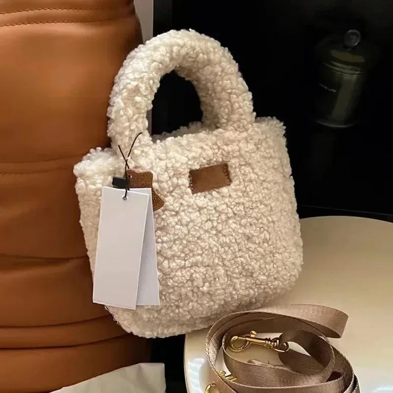 Bolso de felpa de lana de cordero para mujer, bandolera de un hombro, Cubo de mano, otoño e invierno, nuevo