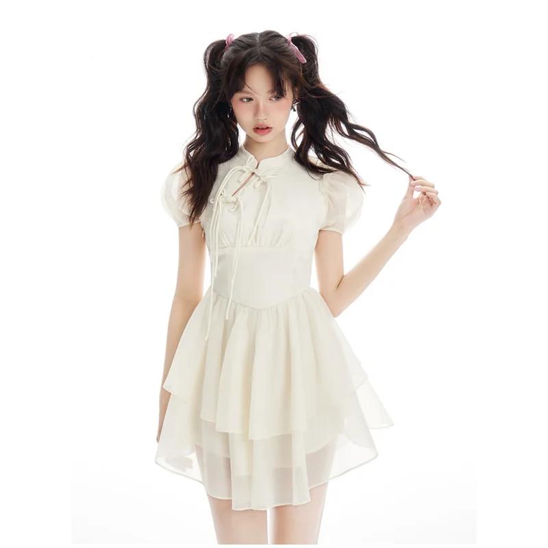 Summer Beige Dress Womens Solid Bow Design Sexy Chic 2023 Fashion Y2K Suspender Simple Female Temperament Party Miniskirt