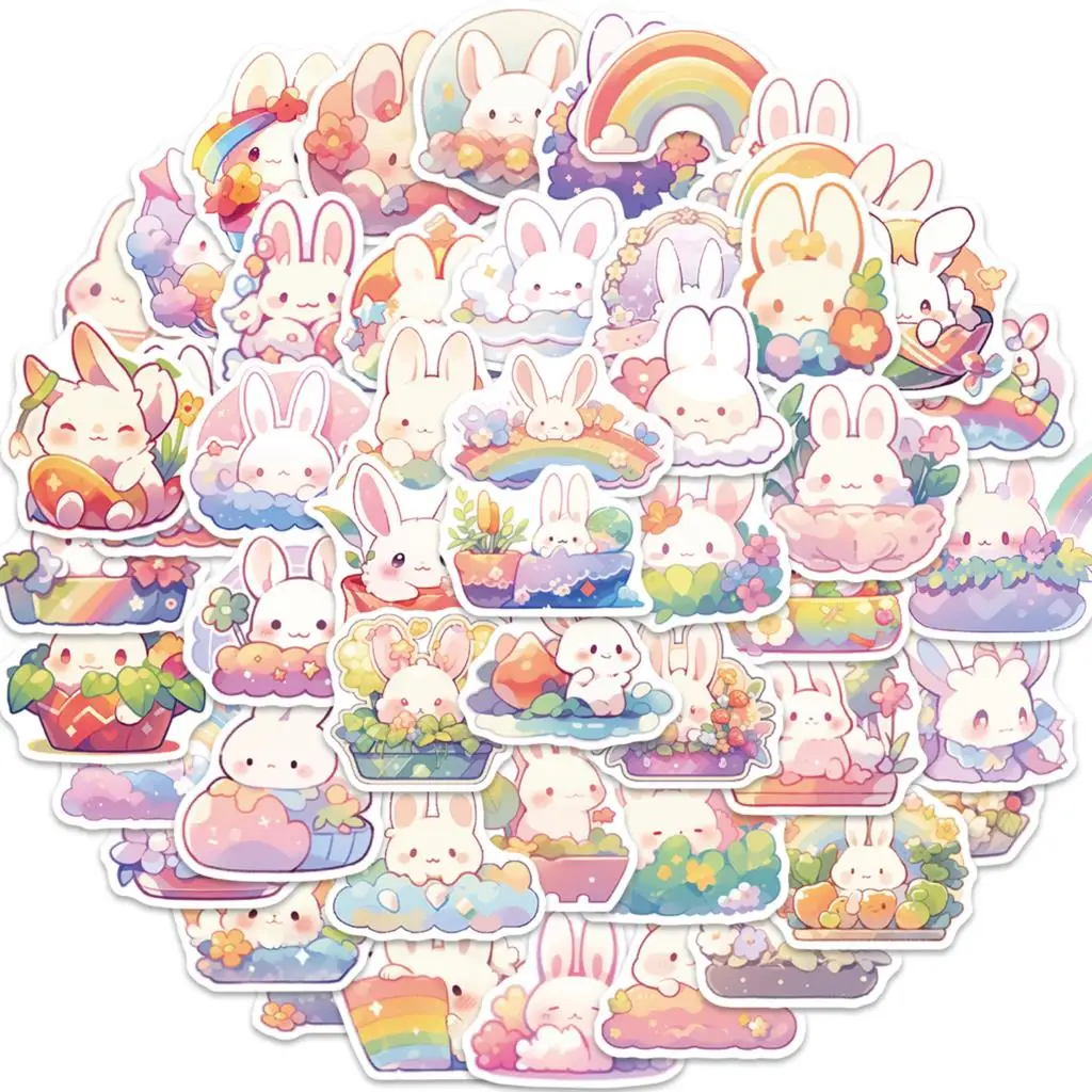 Autocollants de dessin animé lapin arc-en-ciel pour enfant, adhésif pour ordinateur portable, valise, skateboard, jouets, 50 pièces