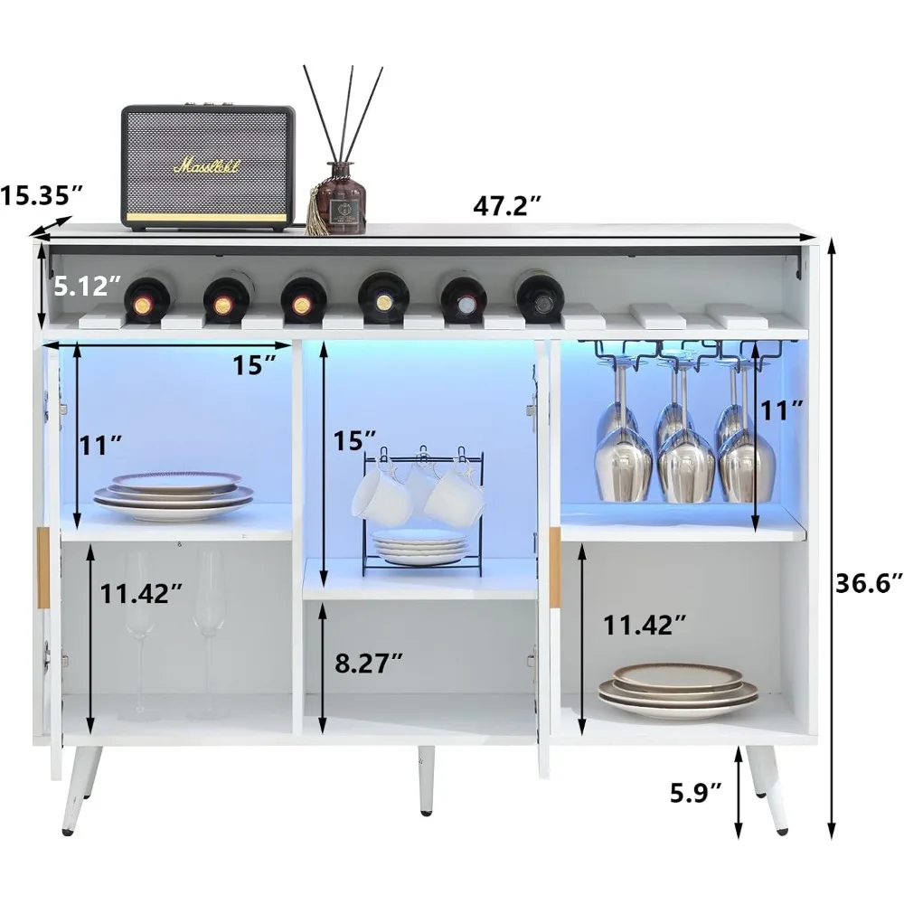 Armário Buffet com Luz LED, Moderno Bar Armário, Cremalheira de Vinho e Suporte de Vidro para Casa, Sala de Jantar, Cozinha,...