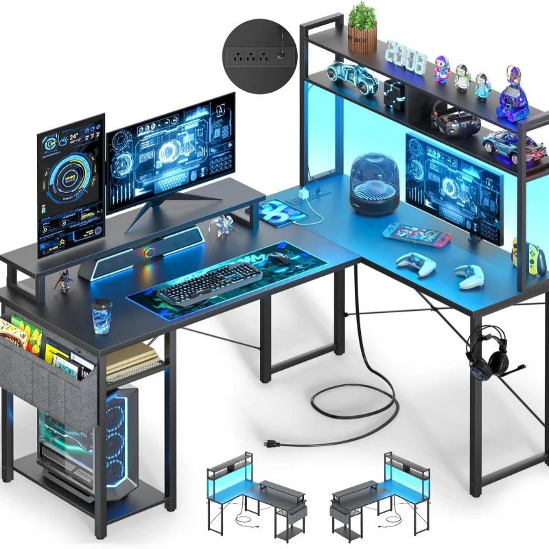 

L-shaped corner with LED light computer desk large capacity storage desk with desktop