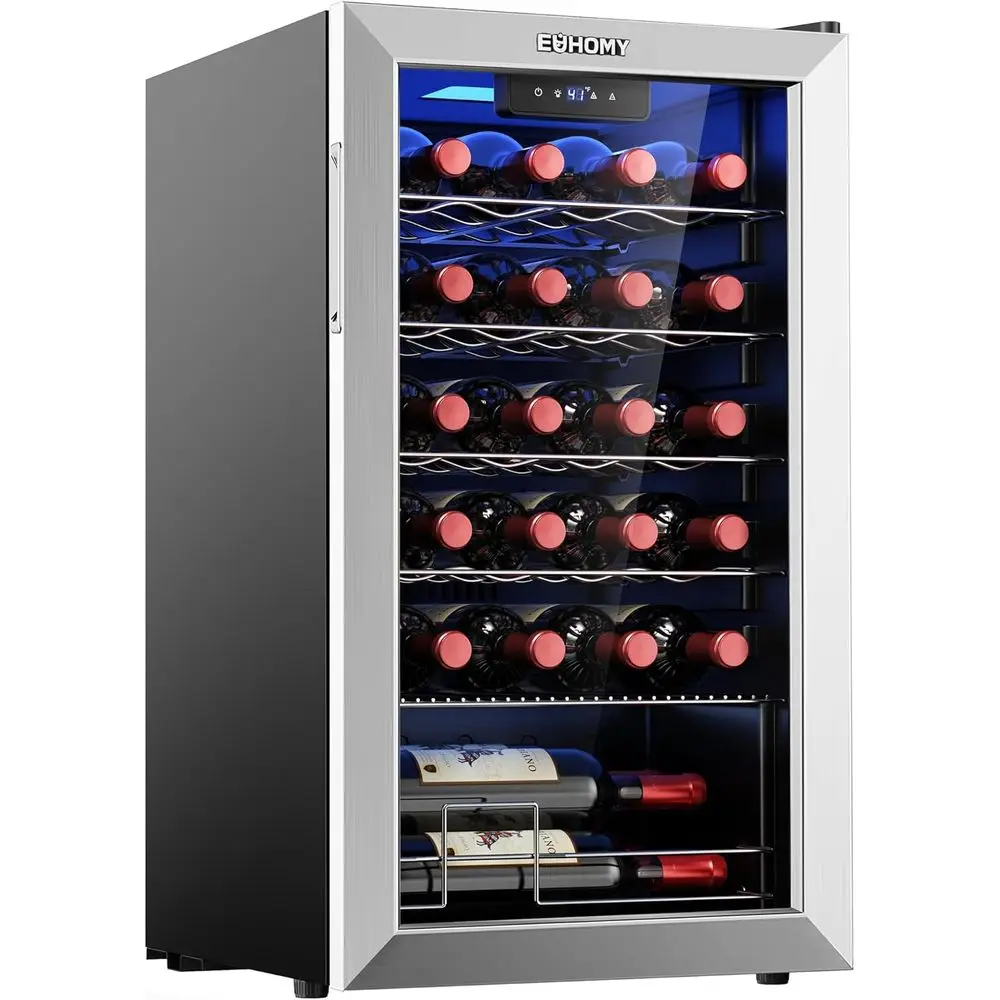 

25-Bottle Freestanding Wine Cooler with Adjustable Temperature and Digital Display, Glass Door for Red & White Wines, Silver