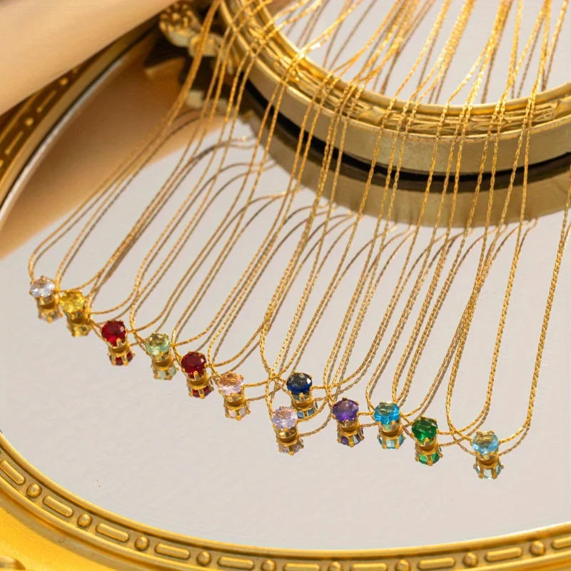 18K Gold Plated Stainless Steel 6-Prong Colorful Crystal Pendant Necklace for Women, Elegant Party Wedding Vacation Jewelry Gift
