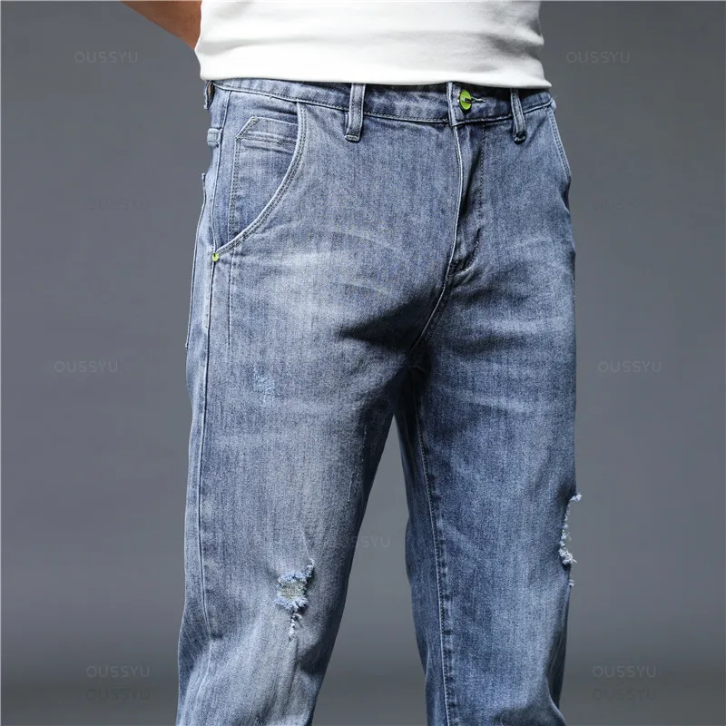 Hohe Qualität Marke Herbst Stretch Baumwolle Loch männer Knöchel Länge Jeans Streetwear Design Denim Hosen Korea Casual Hosen Männlichen