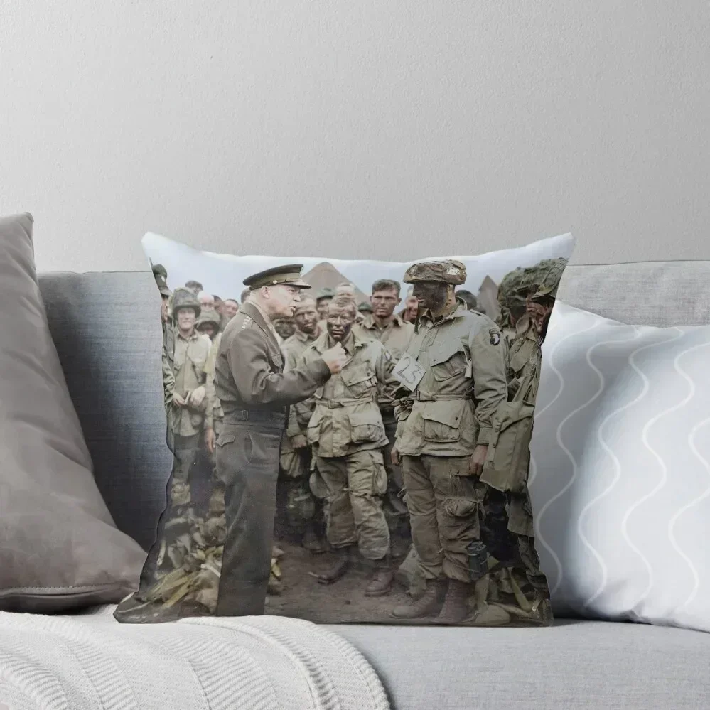 General Dwight D. Eisenhower addresses American paratroopers prior to D-Day. Throw Pillow Sofa Cover pillow