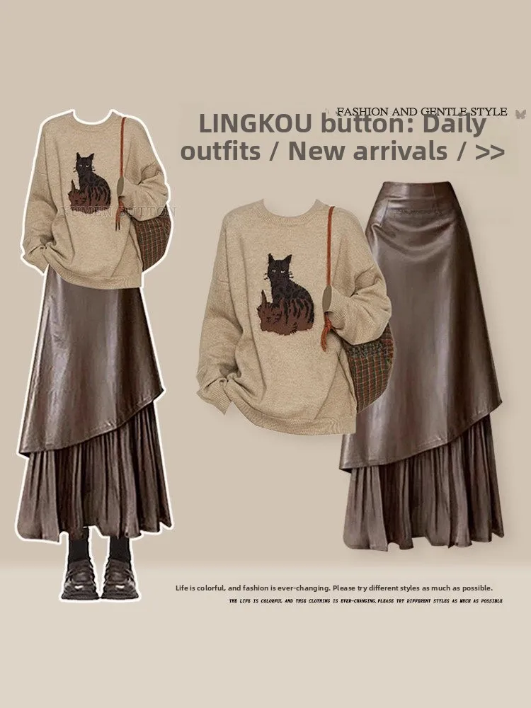 

Retro Spring Autumn Women's Knitted Sweater And High Waist Skirt Set Casual Style Long Sleeve Shirt Two Piece Ensemble