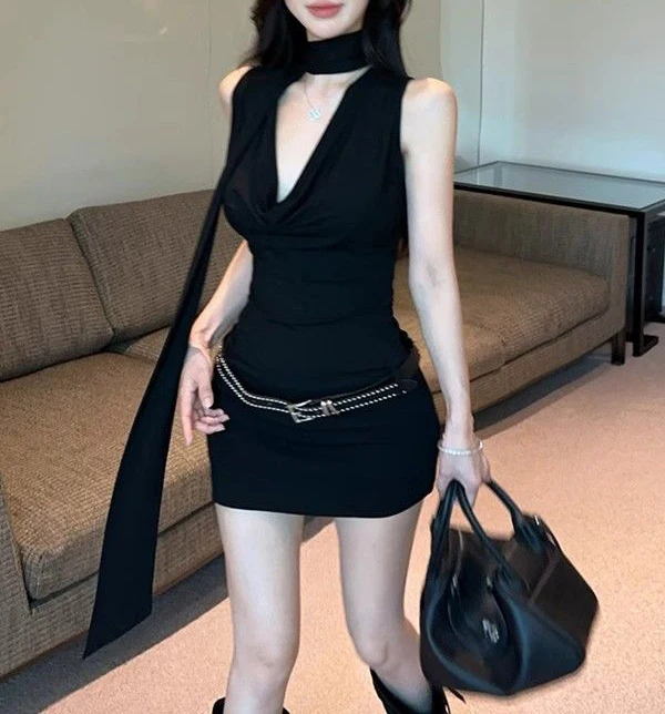 American Sexy Solid Color Camisole Sleeveless Slim Fitting Fashion Deep V Neck Off Shoulder Spicy Girl Basics Corset Mini Dress