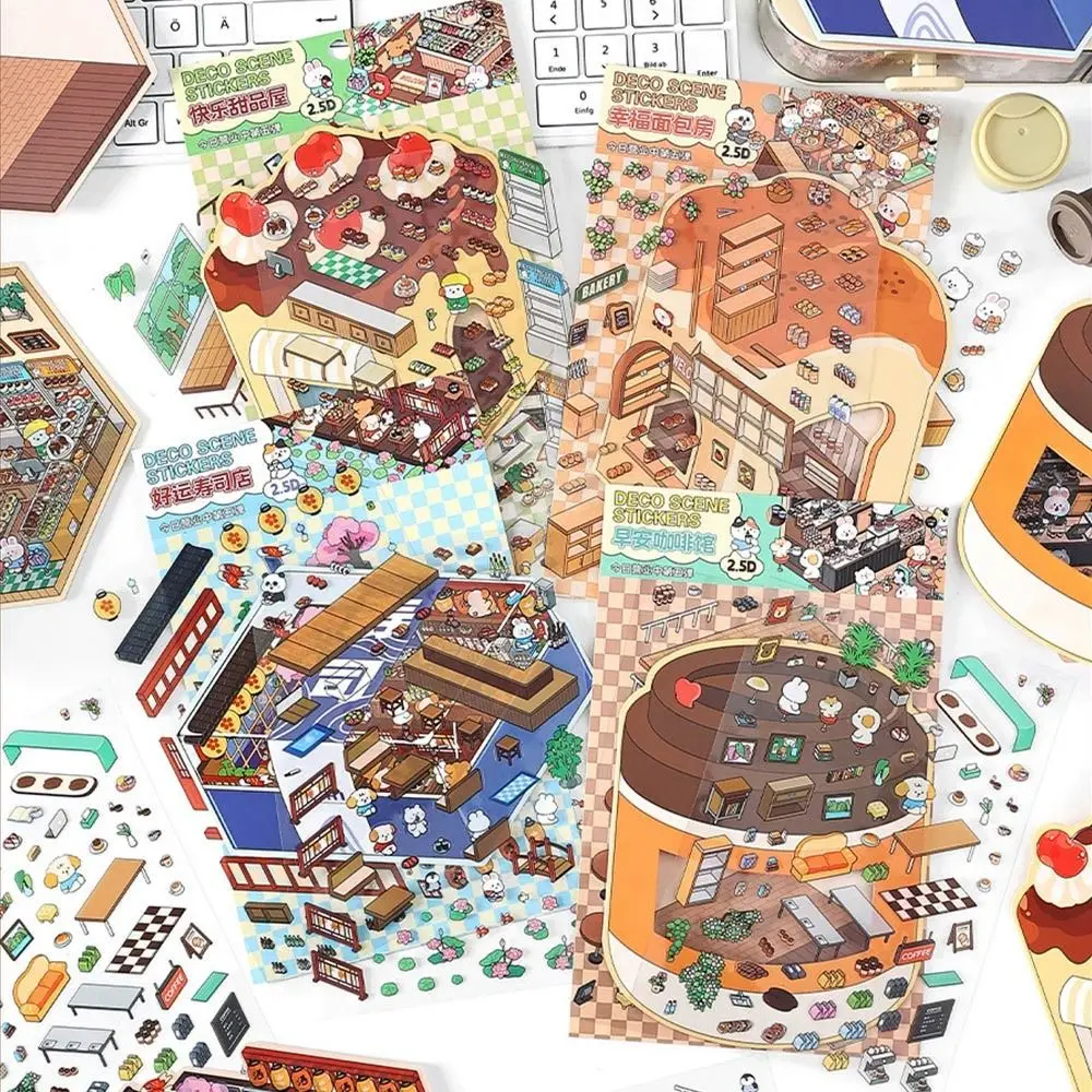 Cartoon 3D Landscape House Stickers Today's Business Is Open Stress Relief Landscaping Making Sticker Scrapbook Game