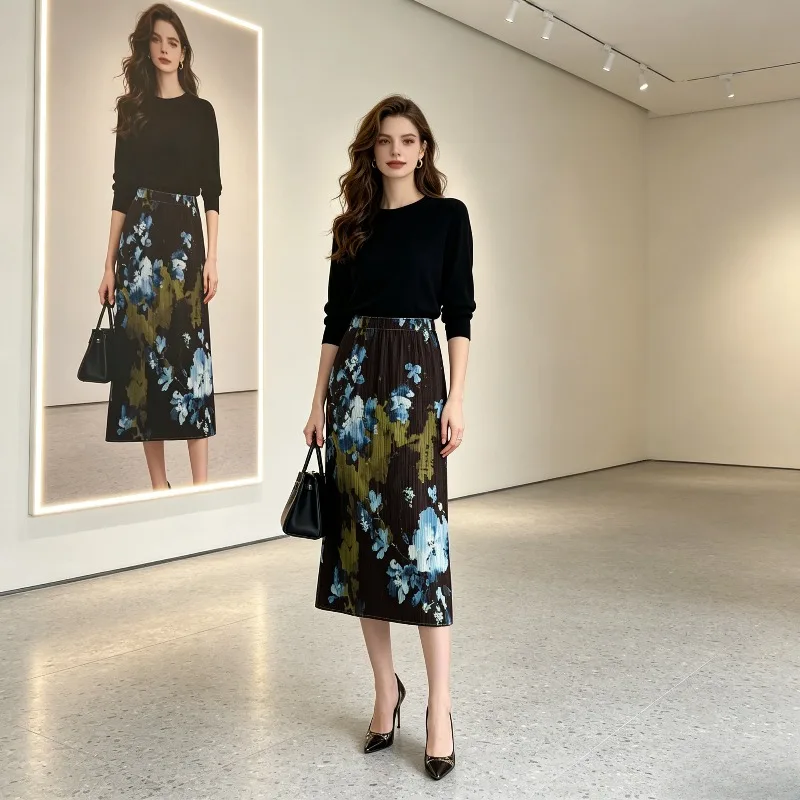 Miyake Pleated New Printed Pleated Skirt for Women Summer 2026 Elastic Waist Slimming Fashionable Elegant Mid-Length Skirt Pleat