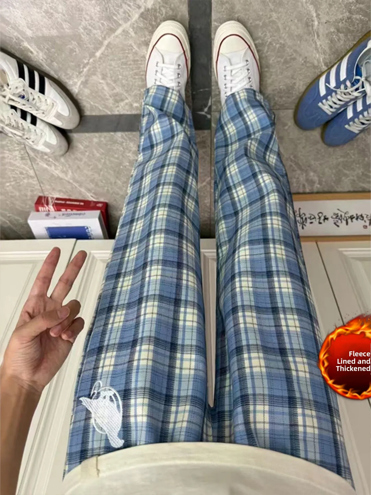 

Thiened Winter Straight Leg Pants Men's Casual Trousers with Zipper And Belt Plaid Design Warm Fce Inner mid Waist