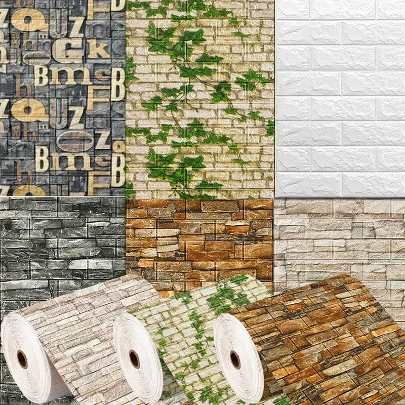 3D Self-Adhesive Wallpaper Continuous Waterproof Brick Wall Stickers Living Room Bedroom Children's Room Home Decoration