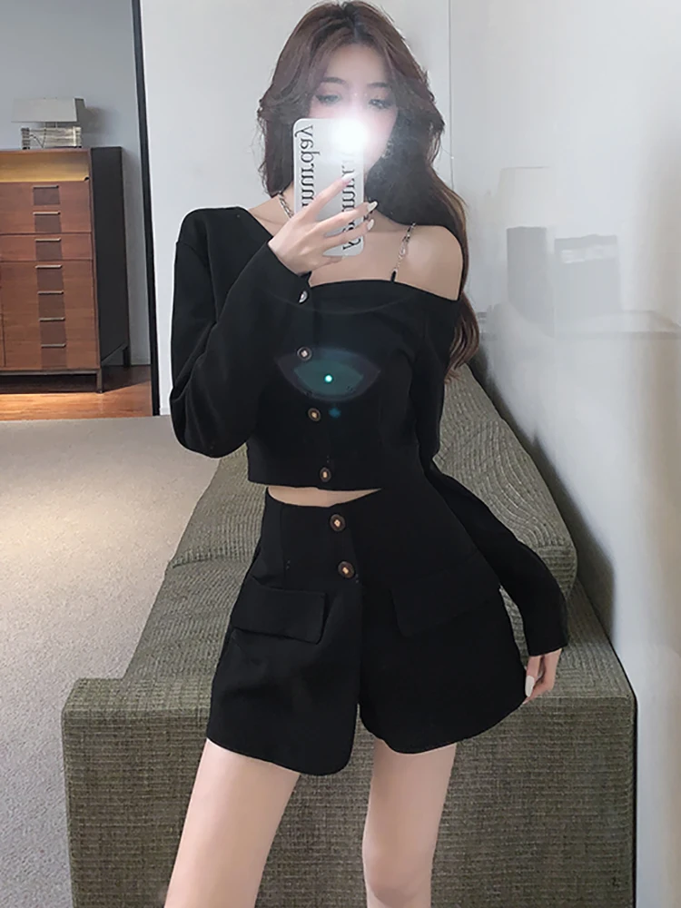 

2023 Women Korean Fashion Elegant Sexy Dress Suits Autumn Winter Black Casual Off Shoulder Coat+Half Lenth Skirt Two Piece Sets