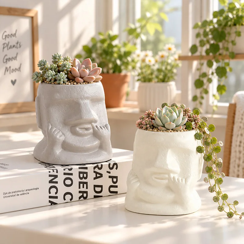 Resin Funny Moai Face Flower Pot Easter Island Sculpture Succulent Planter Desktop Organizer Tabletop Home Balcony Decor Gift