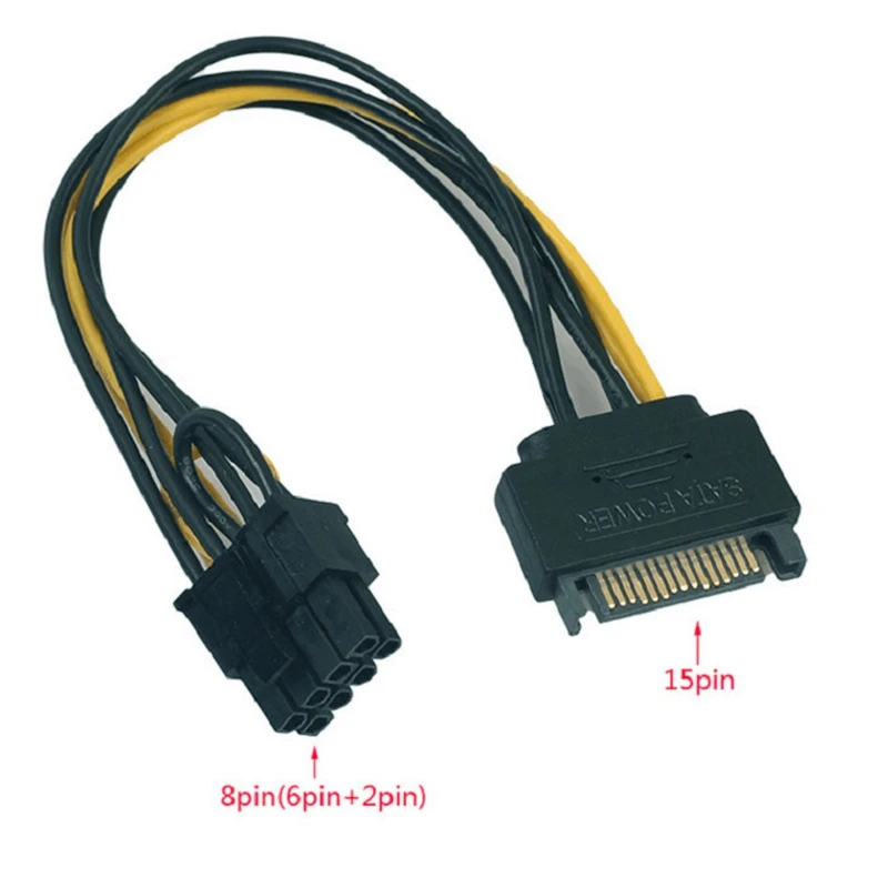 Cable de alimentación PCI-E de 15 pines SATA macho a 8 pines (6 + 2) Cable SATA de 15 pines a 8 pines Cable 18AWG para tarjeta gráfica (1 unidad)_N22R