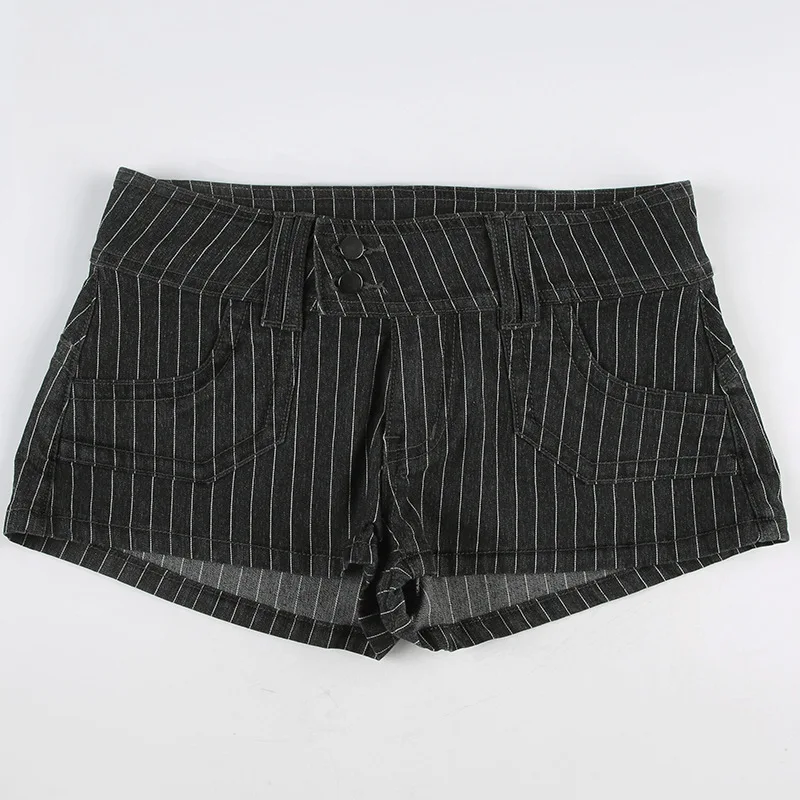 Sexy Grey Striped Denim Shorts Low-rise Double-breasted Slim-fit Casual Hot Pants Y2k Shorts