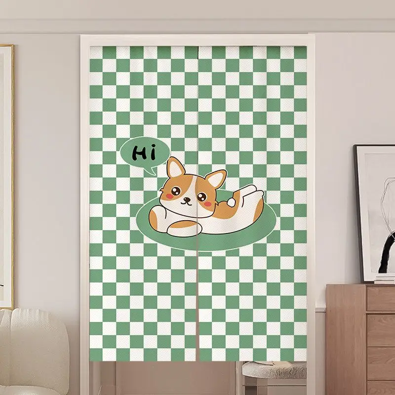VIKAMA Japanese Green Checkered Corgi Print Noren Doorway Curtain Room Divider Tapestry for Kids Bedroom Dorm Cute Home Decor