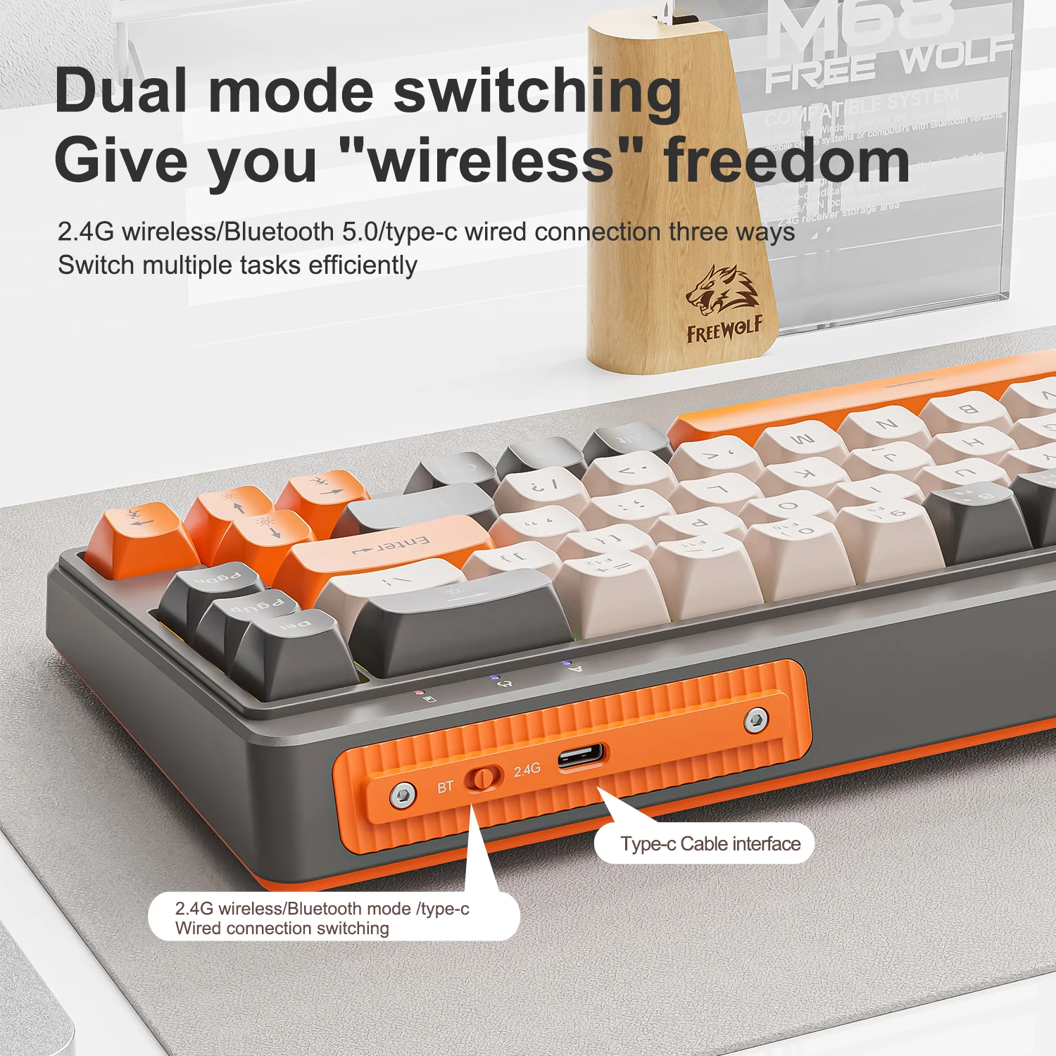 FREEWOLF M68 Tastiera wireless Connessione multidispositivo 68 tasti Connessione tri-modale Bluetooth, copritasti PBT, batteria a lunga durata 2000 mA