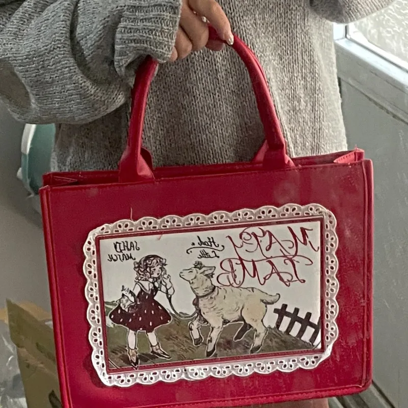 Comic Pattern Lace Red Handbag Large Capacity Women Bag Lolita JK Uniform Fashion Versatile Cartoon Cute Snap Fastener Handbag