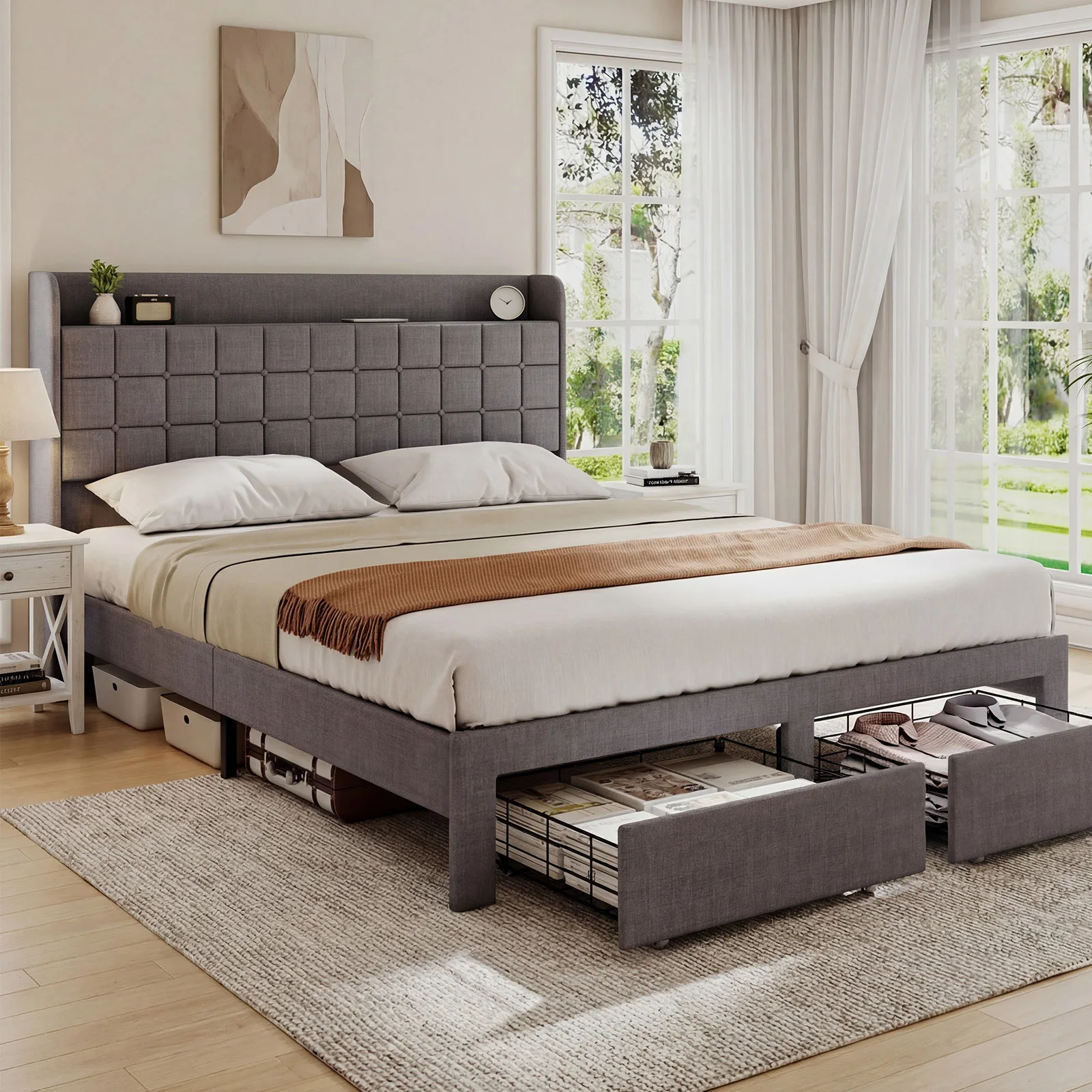 JHK Wood Bed Frame with 2 Storage Drawers Fabric Headboard Upholstered Platform Bed Frame Wooden Slats Support 1323 lbs Weight Capacity No Box Spring Needed Easy Assembly
