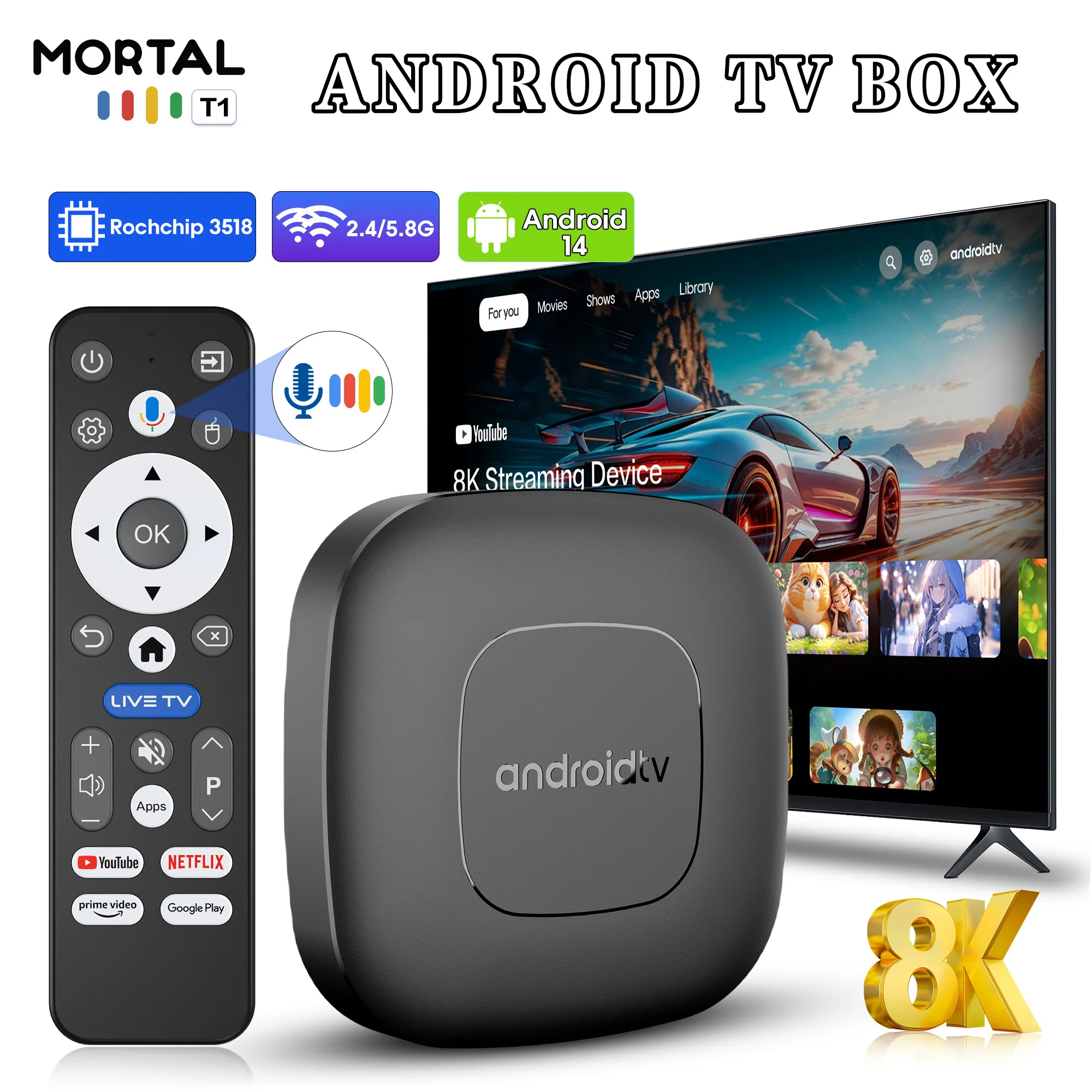 T1 Smart TV Box Android14 RK3518 Quad Core 8K Ultra HD Dual Band WiFi2.4G/5G Bluetooth5.4 Home Theater Streaming Set Top Box
