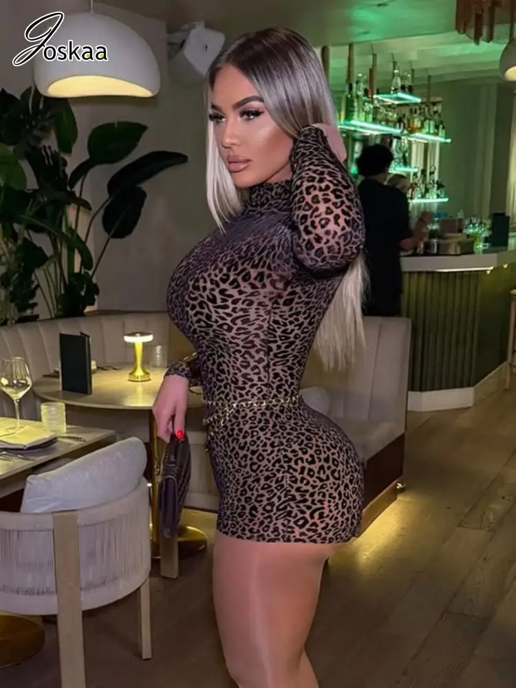 Joskaa 2025, Sommer-Damen-Playsuits mit Leopardenmuster, Netzstoff, sexy Stehkragen, volle Ärmel, Reißverschluss hinten, figurbetonter Strampler, Y2K-Streetwear