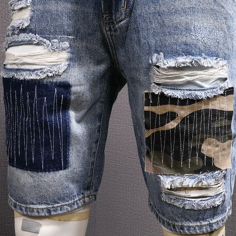 Ripped Short Jeans Men Streetwear Camouflage Patches Denim Shorts Summer Fashion Casual Blue Regular Straight Knee Length Pants