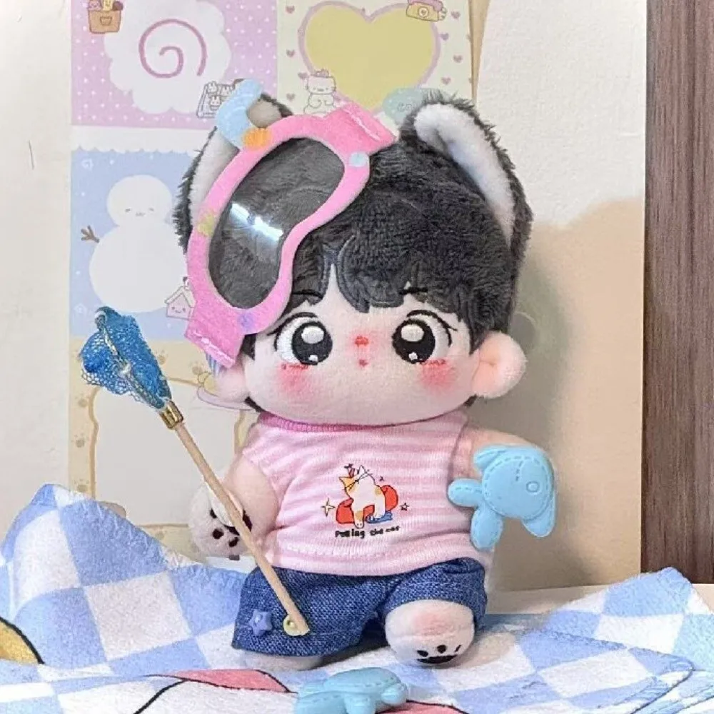 1 Juego de camiseta a rayas, ropa de muñeca de algodón de 10/20cm, conjunto de verano, sombrero de vaquero, ropa de muñeca de algodón de 20cm, Mini patrón de dibujos animados