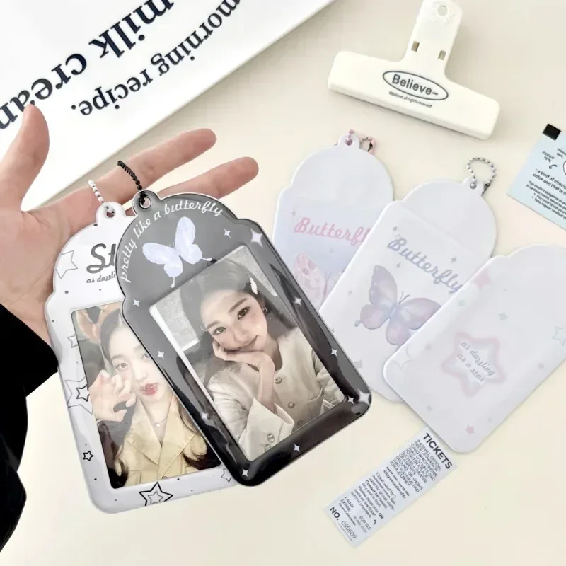 Soporte para sesión fotográfica de mariposa INS, funda protectora de fotos de ídolo Kpop de 3 pulgadas con llavero, fundas para fotos, estuche para tarjetas bancarias de identificación de autobús para estudiantes