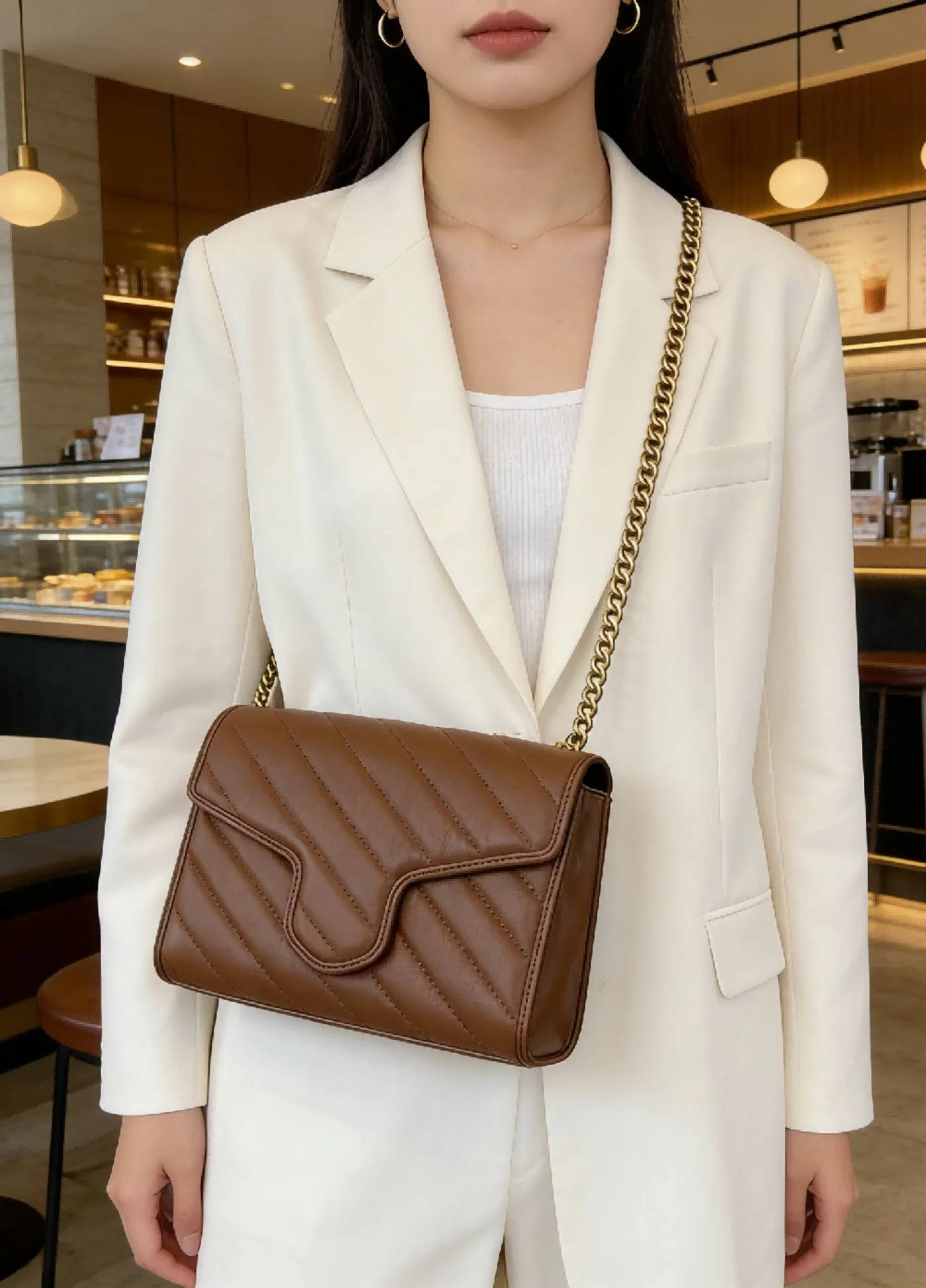 

Элегантная женская сумка-кроссбоди карамельно-коричневого цвета с диагональным стеганым узором и золотистым ремешком-цепочкой, изысканный силуэт