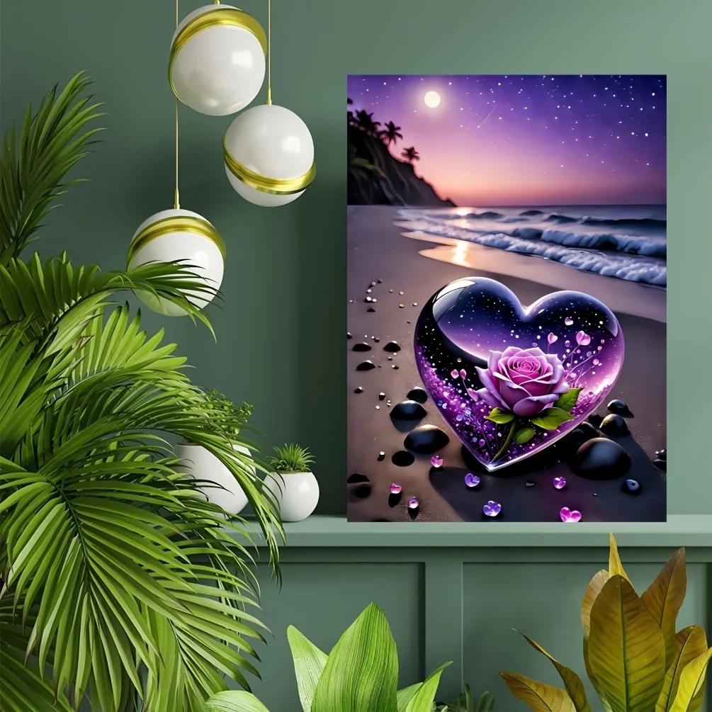 จิ๊กซอว์ 1000 ชิ้น รูปทรงหัวใจ - ภาพพระอาทิตย์ตกดินบนชายหาดขนาดใหญ่ พร้อมท้องฟ้าเต็มดาวและทราย สีม่วงมหาสมุทร เหมาะสำหรับโฆษณา