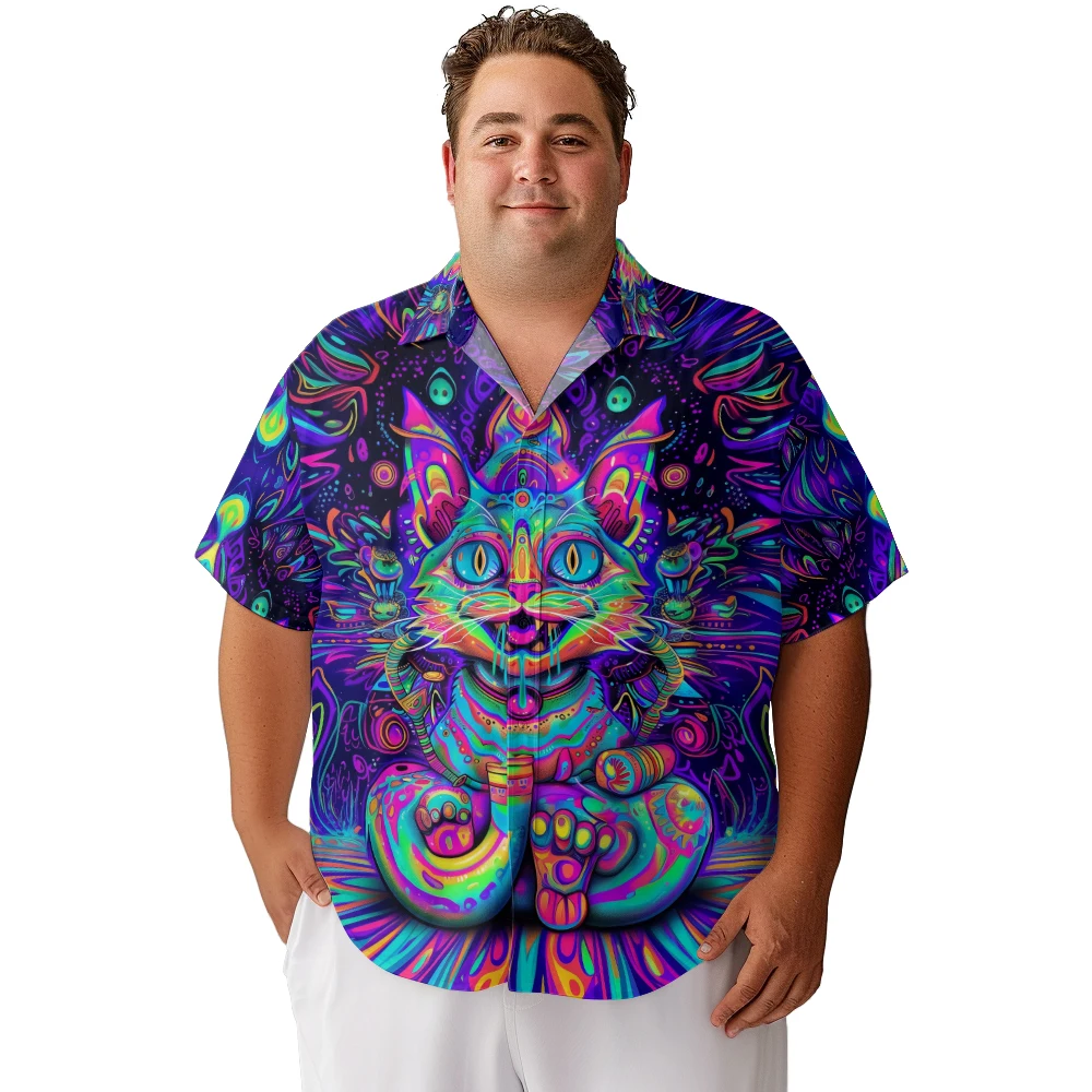 2024 new  Men's shirts plus size Magical view creepy cat printed clothing casual short-sleeved