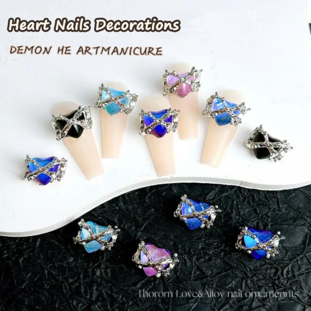 10PCS Colorful Transparent Heart Diamond Nail Crystal Charms 3D Alloy Thorn Heart Punk Style Nail Art Decorations DIY Cool Nails